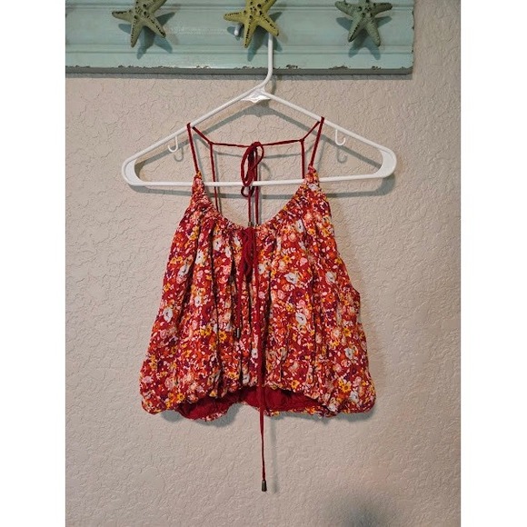 Free People Tops - Free People Red Floral Bubble Hem Crop Top XS‎ Boho Strappy Tie Back